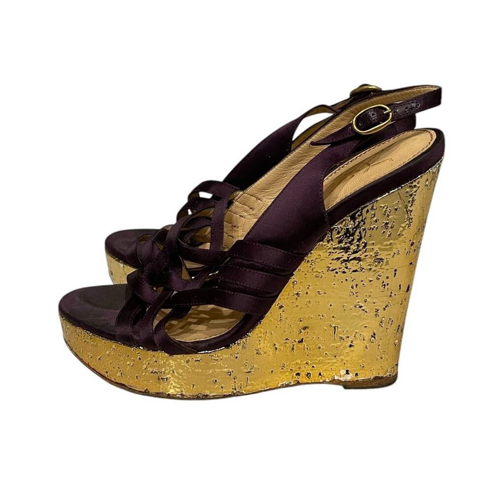Yves Saint Laurent Sandals Wedge Sole Strap 35 22cm Black Gold s Sz.7